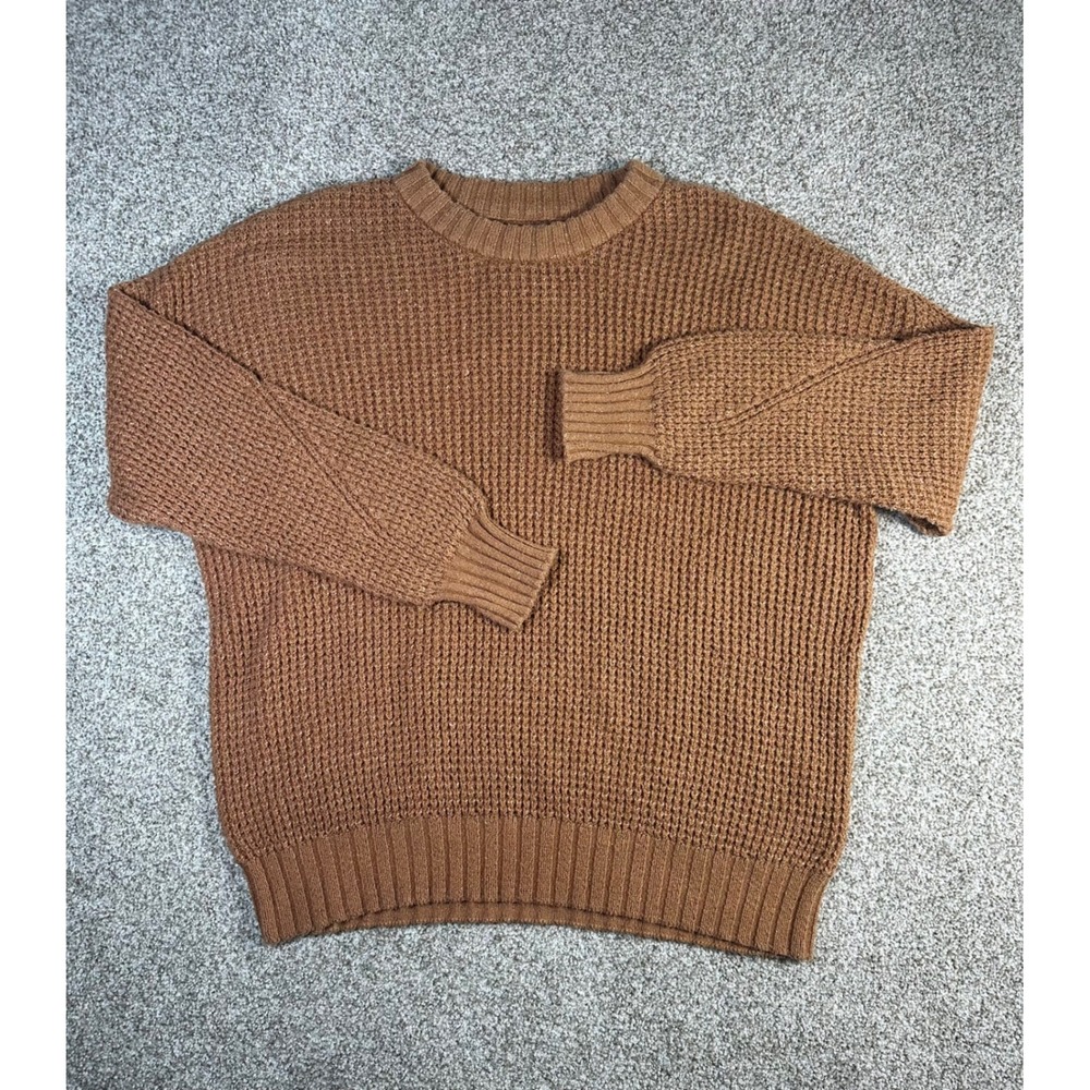 American Eagle Waffle Knit Sweater Brown Crew Neck Oversized Pullover Small